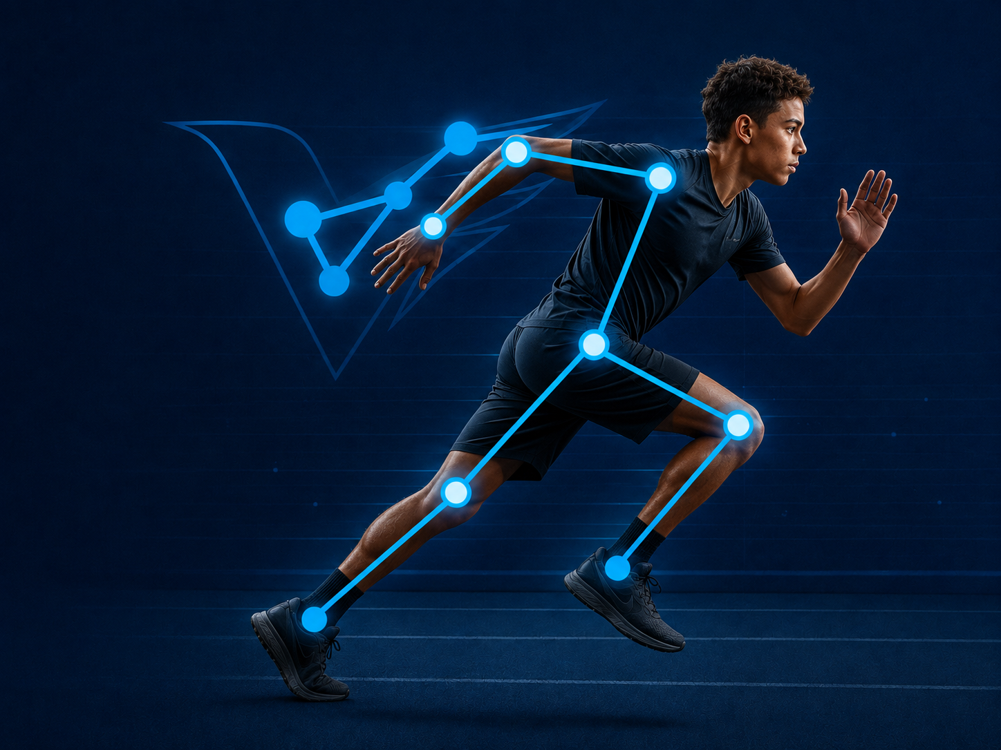 Athlete sprinting with Volantyx motion-capture skeleton overlay